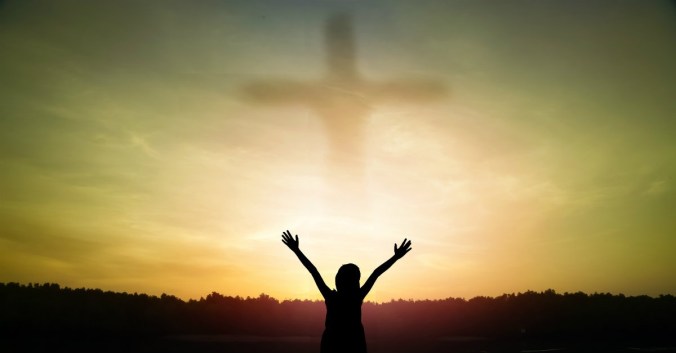 praise God girl and cross in sky